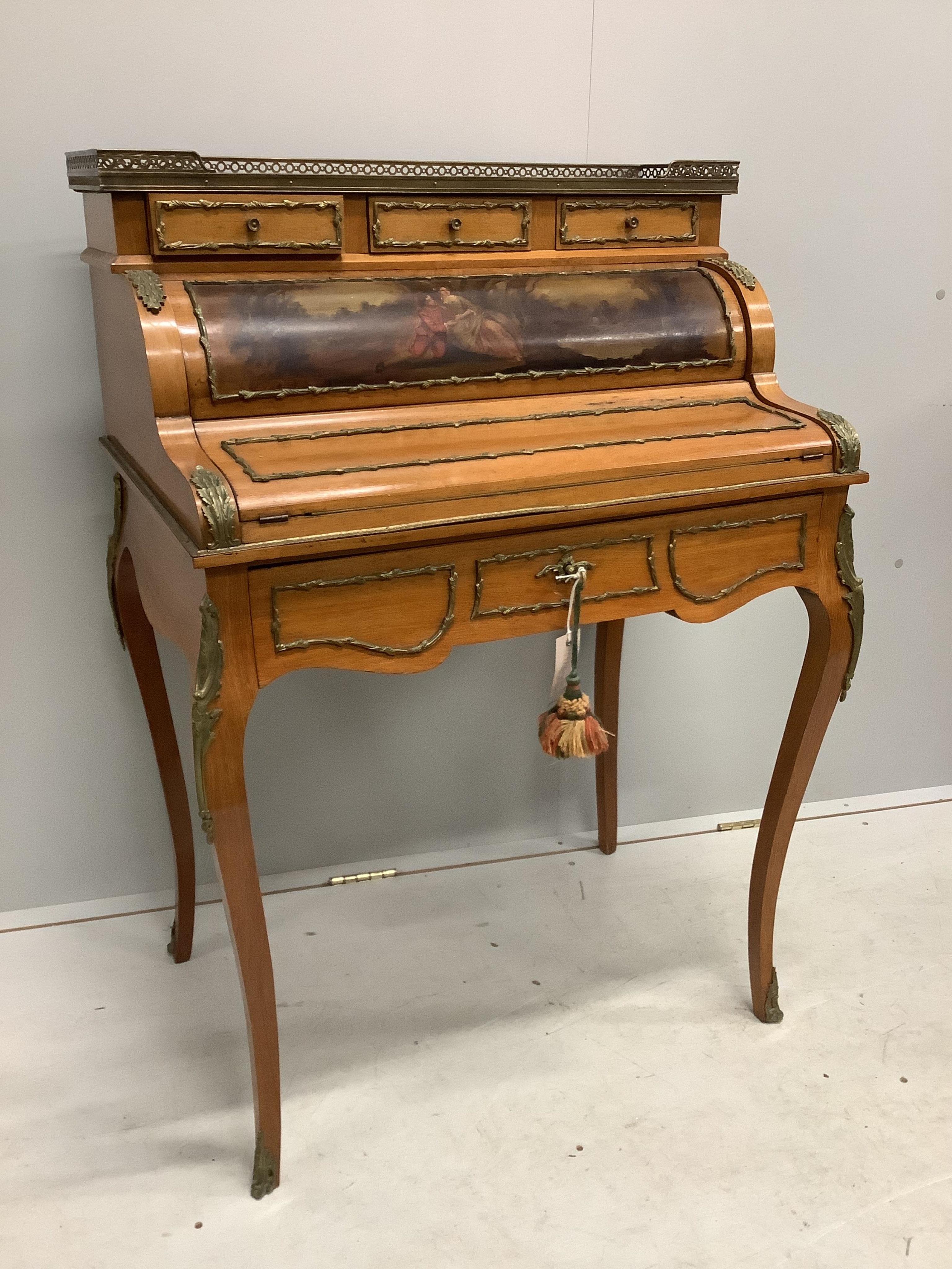 A reproduction Vernis Martin style gilt metal mounted mahogany bonheur du jour, width 76cm, depth 53cm, height 108cm. Condition - fair to good